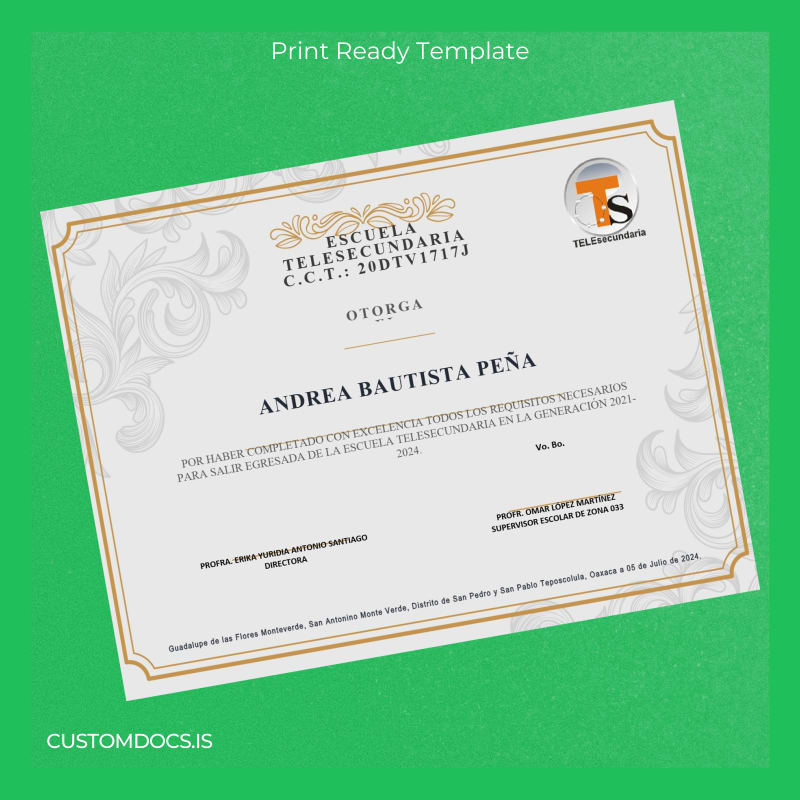 custom Mexico Escuela Telesecundaria High School Diploma File Preview - CustomDocs