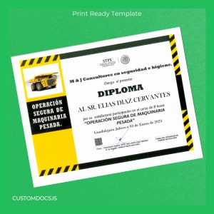 custom Mexico M & J Consultores en Seguridad y Higiene Diploma in Heavy Machinery Safety File Preview - CustomDocs