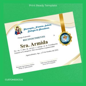 custom Mexico Parroquia Nuestra Señora Refugio de Pecadores Recognition Certificate File Preview - CustomDocs