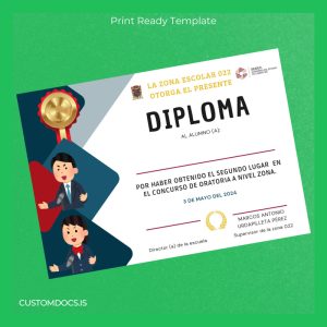 custom Mexico Zona Escolar 022 Diploma for Second Place in Oratory Contest Template File Preview - CustomDocs