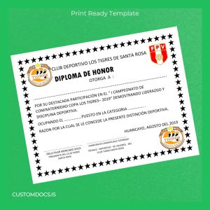 custom Peru Club Deportivo Los Tigres de Santa Rosa Honor Diploma Template File Preview - CustomDocs