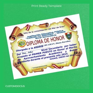 custom Peru Educational Institution _Carlos Ch Hiraoka_ High School Diploma Template File Preview - CustomDocs