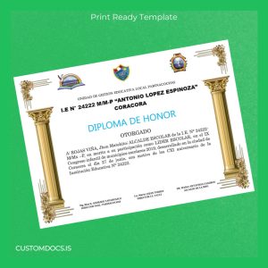 custom Peru I.E. N° 24222 M_M-P _Antonio Lopez Espinoza_ Diploma of Honor Template File Preview - CustomDocs