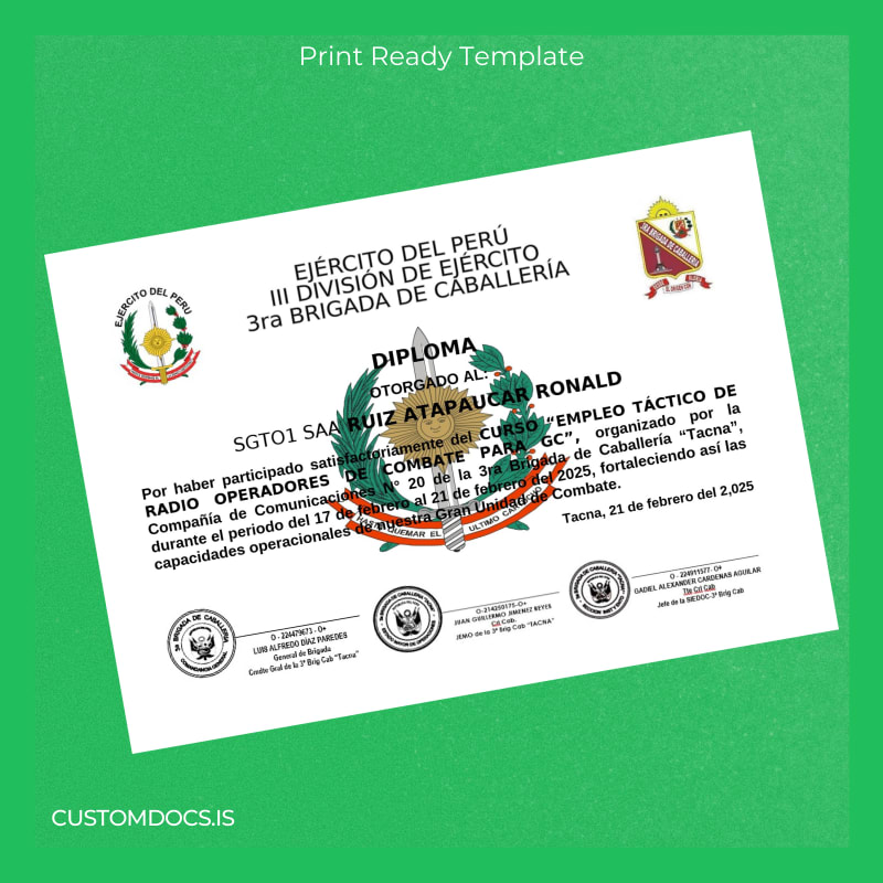 custom Peru III Division of the Army Tactical Employment Diploma for Combat Radio Operators Certificate File Preview - CustomDocs