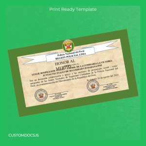 custom Peru National Police Recognition Diploma Awarded to Leslie Rospigliosi Tellez for Community Service File Preview - CustomDocs