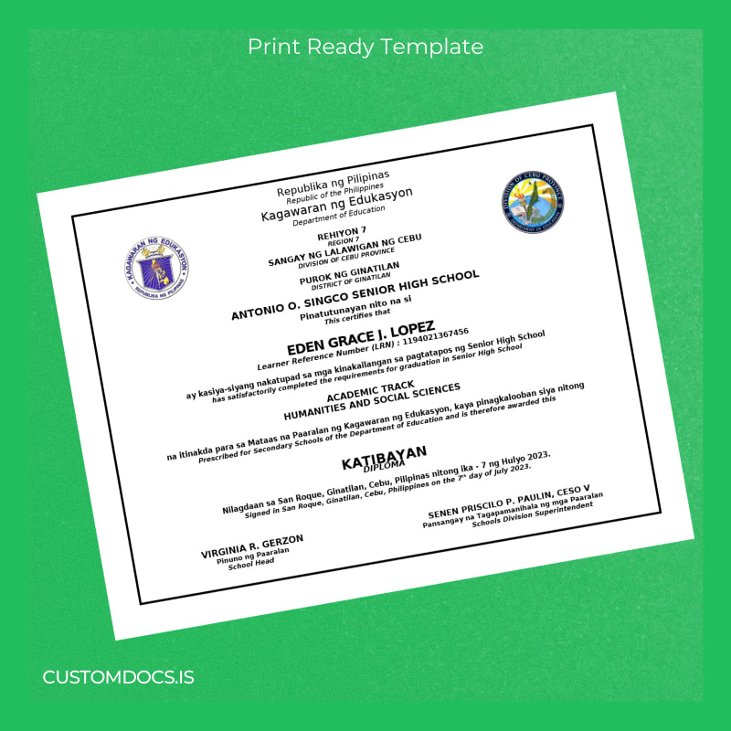 custom Philippines Antonio O. Singco Senior High School High School Diploma File Preview - CustomDocs