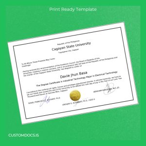 custom Philippines Cagayan State University Degree Certificate in Industrial Technology Major in Electrical Technology File Preview - CustomDocs