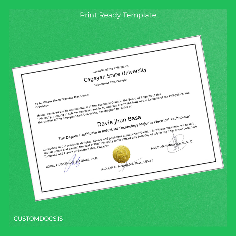 custom Philippines Cagayan State University Degree Certificate in Industrial Technology Major in Electrical Technology File Preview - CustomDocs