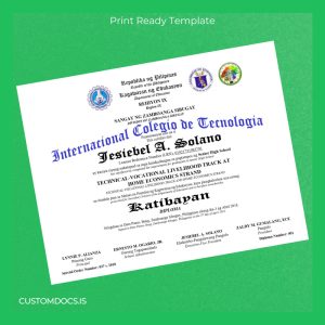 custom Philippines Internacional Colegio de Tecnologia Senior High School Diploma File Preview - CustomDocs