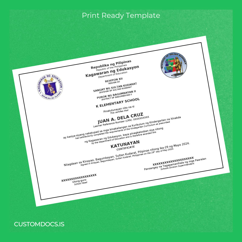 custom Philippines K Elementary School Kindergarten Completion Certificate File Preview - CustomDocs