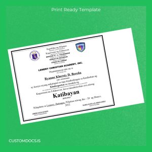 custom Philippines Lemery Christian Academy Inc Kindergarten Diploma File Preview - CustomDocs