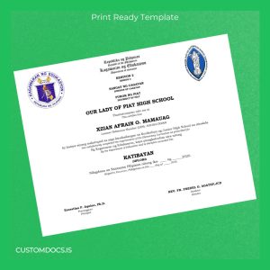 custom Philippines Our Lady of Piat High School Junior High School Diploma File Preview - CustomDocs
