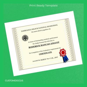 custom Philippines Zamboanga Delsur National Highschool Certificate Template File Preview - CustomDocs
