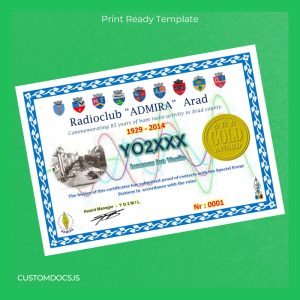 custom Romania Radioclub _ADMIRA_ Arad Gold Award Certificate File Preview - CustomDocs