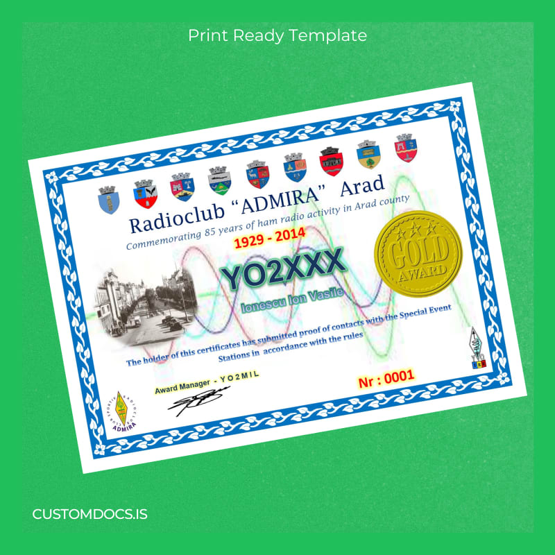 custom Romania Radioclub _ADMIRA_ Arad Gold Award Certificate File Preview - CustomDocs