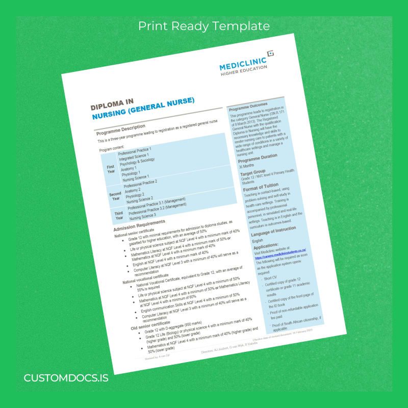 custom South Africa Mediclinic Higher Education Diploma in Nursing Template File Preview - CustomDocs