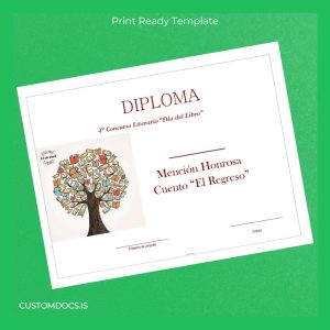 custom Spain Diploma Día Del Libro Honorable Mention Certificate File Preview - CustomDocs