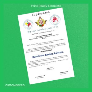 custom Spain Luis Vaz de Camões Lodge Master Mason Diploma File Preview - CustomDocs