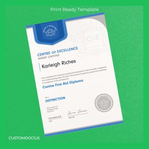 custom UK Centre of Excellence Canine First Aid Diploma Template File Preview - CustomDocs