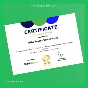 custom UK Lead Academy TEFL TESOL Advanced Diploma Certificate File Preview - CustomDocs