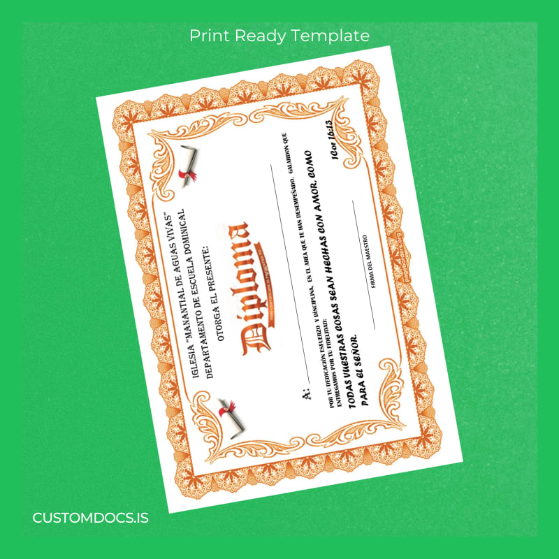 custom USA Manantial de Aguas Vivas Diploma Template File Preview - CustomDocs