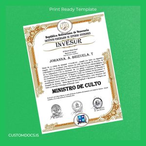custom Venezuela Instituto Venezolano de Estudios Superiores Minister of Worship Certificate File Preview - CustomDocs