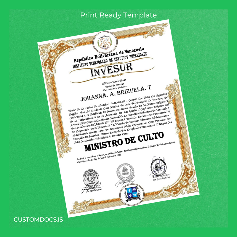 custom Venezuela Instituto Venezolano de Estudios Superiores Minister of Worship Certificate File Preview - CustomDocs