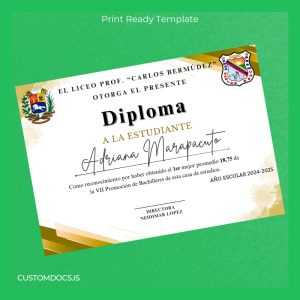custom Venezuela Prof. Carlos Bermúdez High School Diploma Template File Preview - CustomDocs