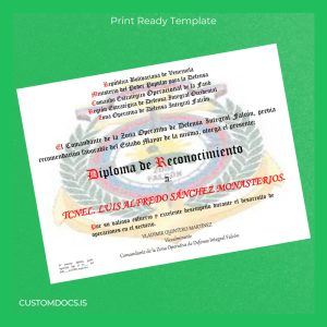 custom Venezuela Zona Operativa de Defensa Integral Falcón Diploma of Recognition Template File Preview - CustomDocs